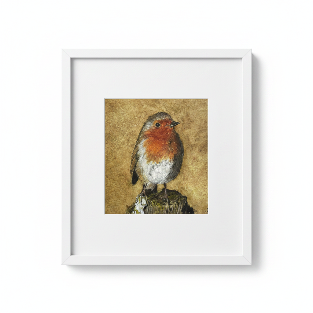 ROBIN ON A PERCH PICTURE - FRAMED BY CAROLINE MOONEY