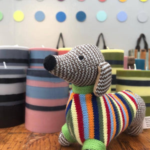 KNITTED SAUSAGE DOG BABY RATTLE -14cm