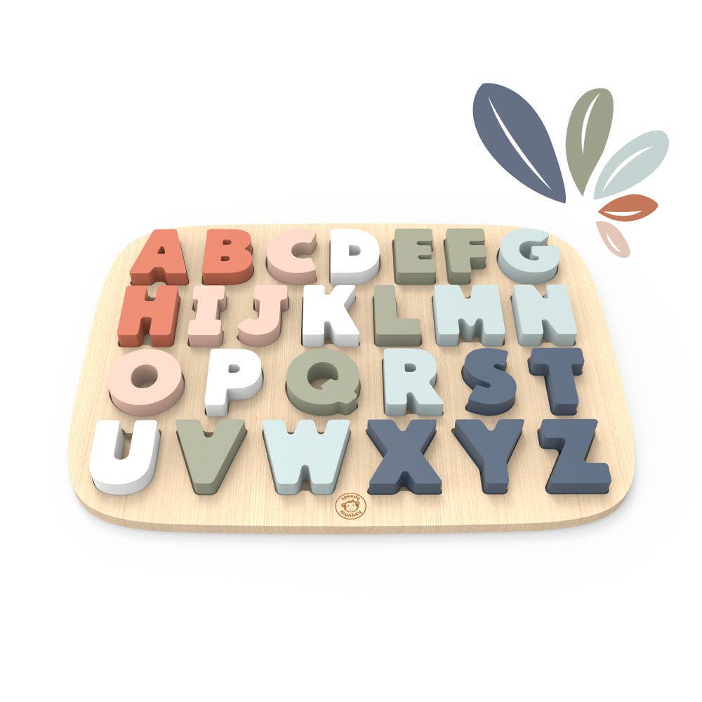 Wooden alphabet puzzle with colorful letters on a white background
