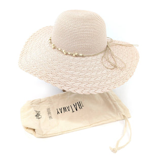 FOLDING WIDE BRIM TRAVEL SUN HAT - PINK BEADED BAND - Up to 57cm