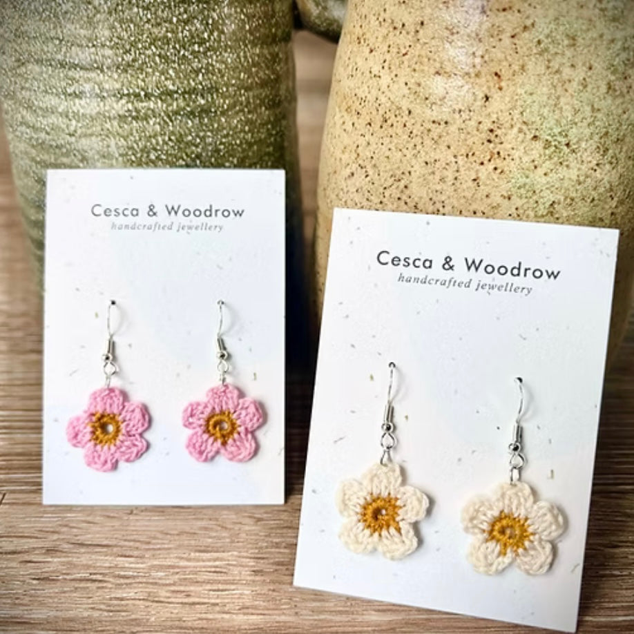 DAISY DANGLY EARRINGS - HAND CROCHETED - Feather & Twigs