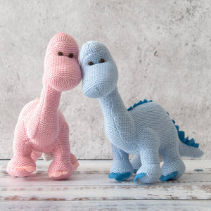 KNITTED ORGANIC COTTON PINK DIPLODOCUS DINOSAUR RATTLE
