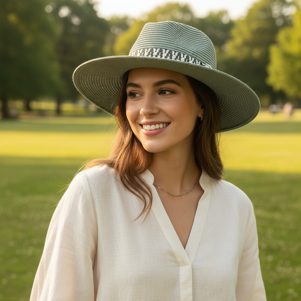 SAGE-CREAM PANAMA FOLDABLE HAT - 57CM - GREEN