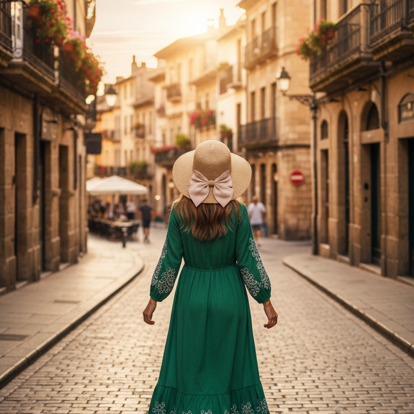 Woman in a green dress walking down a sunlit street in an old town.