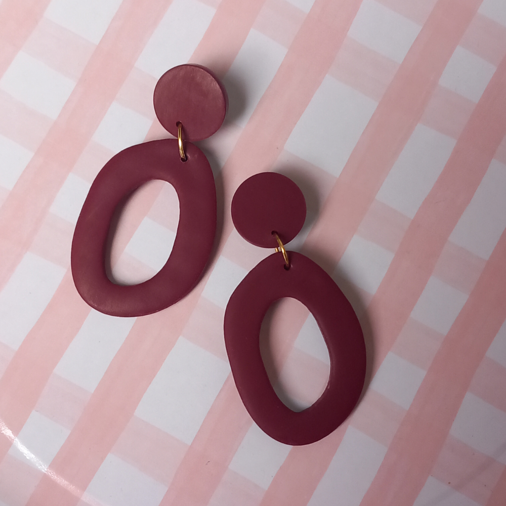IRREGULAR OVAL SHAPED BURGUNDY POLYMER CLAY EARRINGS