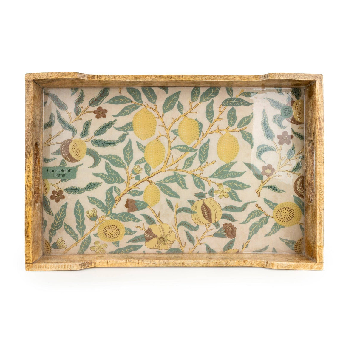 Decorative tray with floral and fruit design on a white background