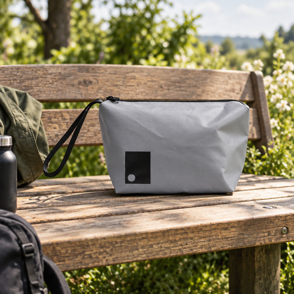 Grey waterproof dry bag washbag by Sophos, designed for travel, showing a compact, durable waterproof dry bag with zipper closure.