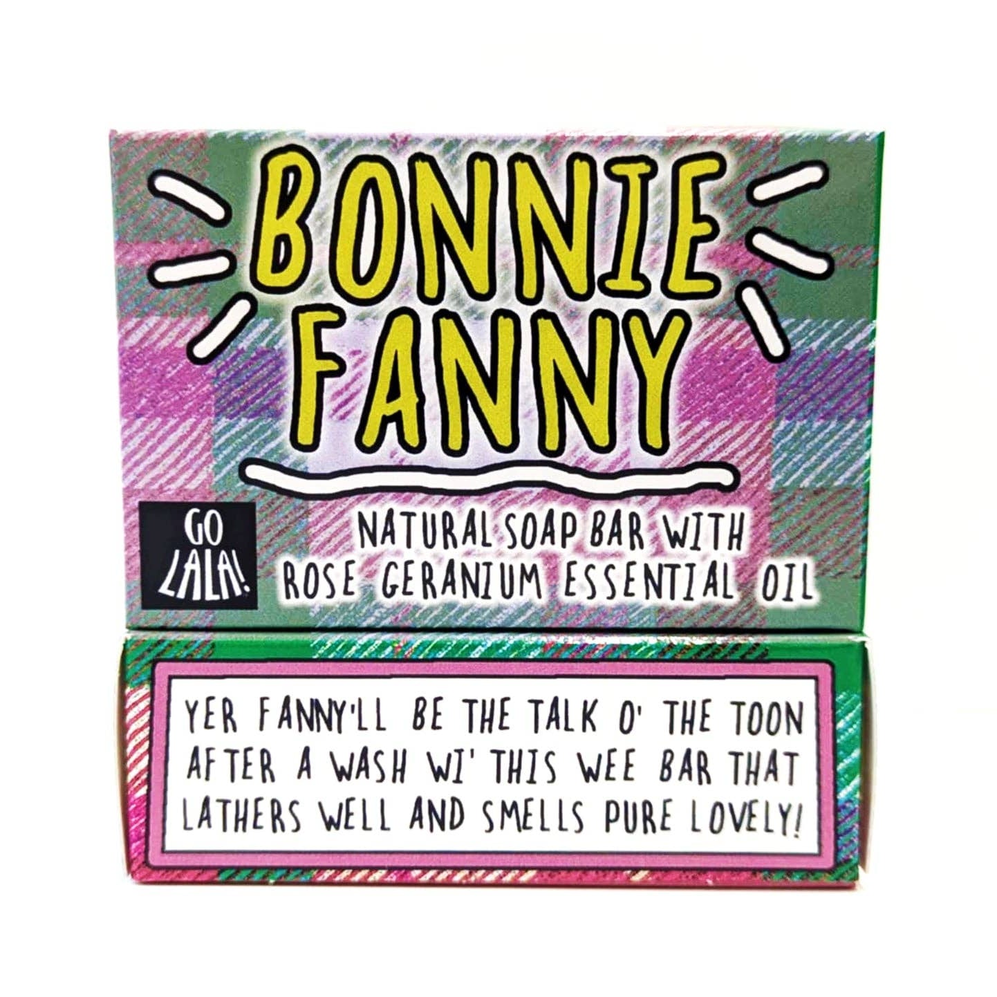 Bonnie Fanny soap bar packaging with colorful design and text.