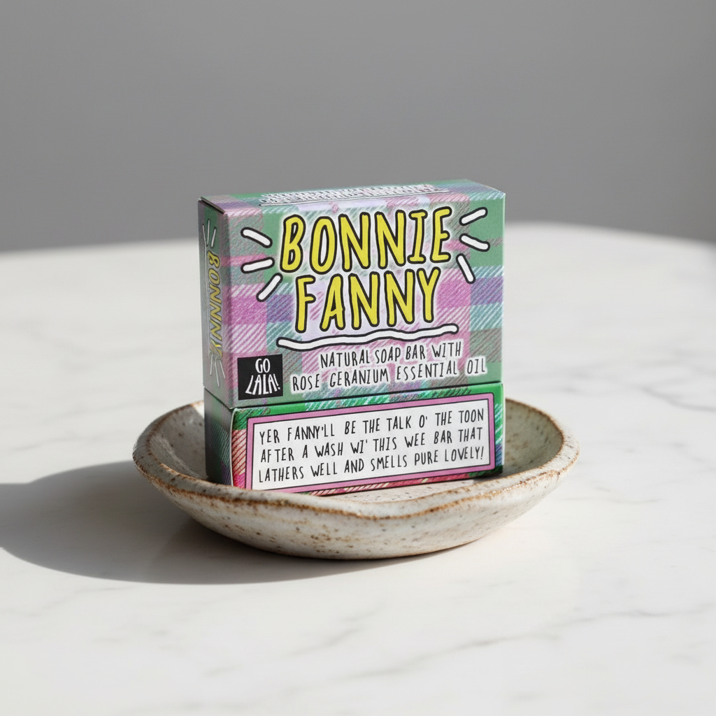 Go La La Bonnie Fanny Rose Geranium Soap Bar with floral scent, showing a rectangular soap with rose and geranium botanical accents.