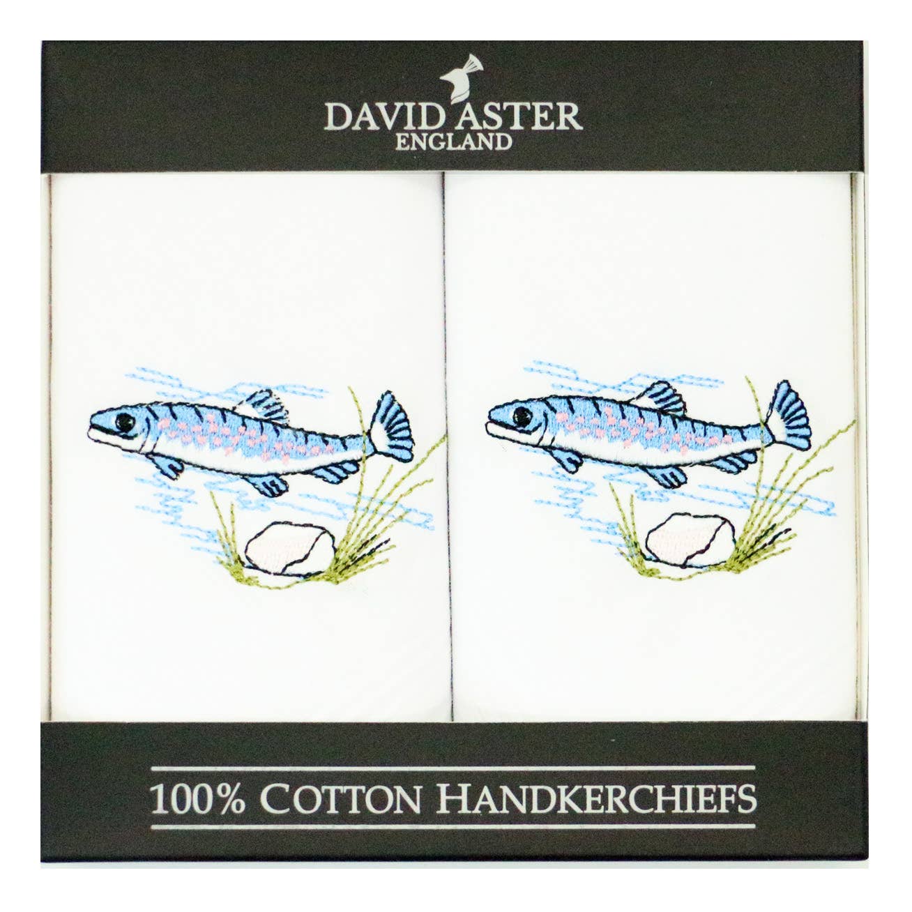 FISH EMBROIDERED WHITE COTTON HANDKERCHIEF - Feather & Twigs