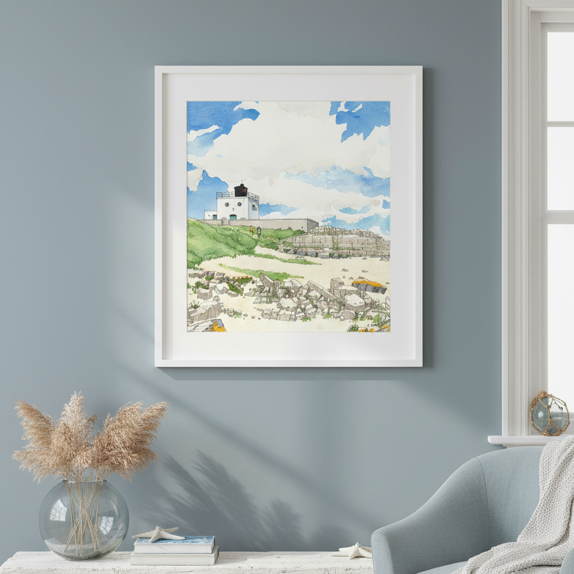 A framed art print depicting a coastal lighthouse scene with blue sky, white clouds, green hills, and stone ruins, displayed on a blue-gray wall above a white console table in a styled living room.