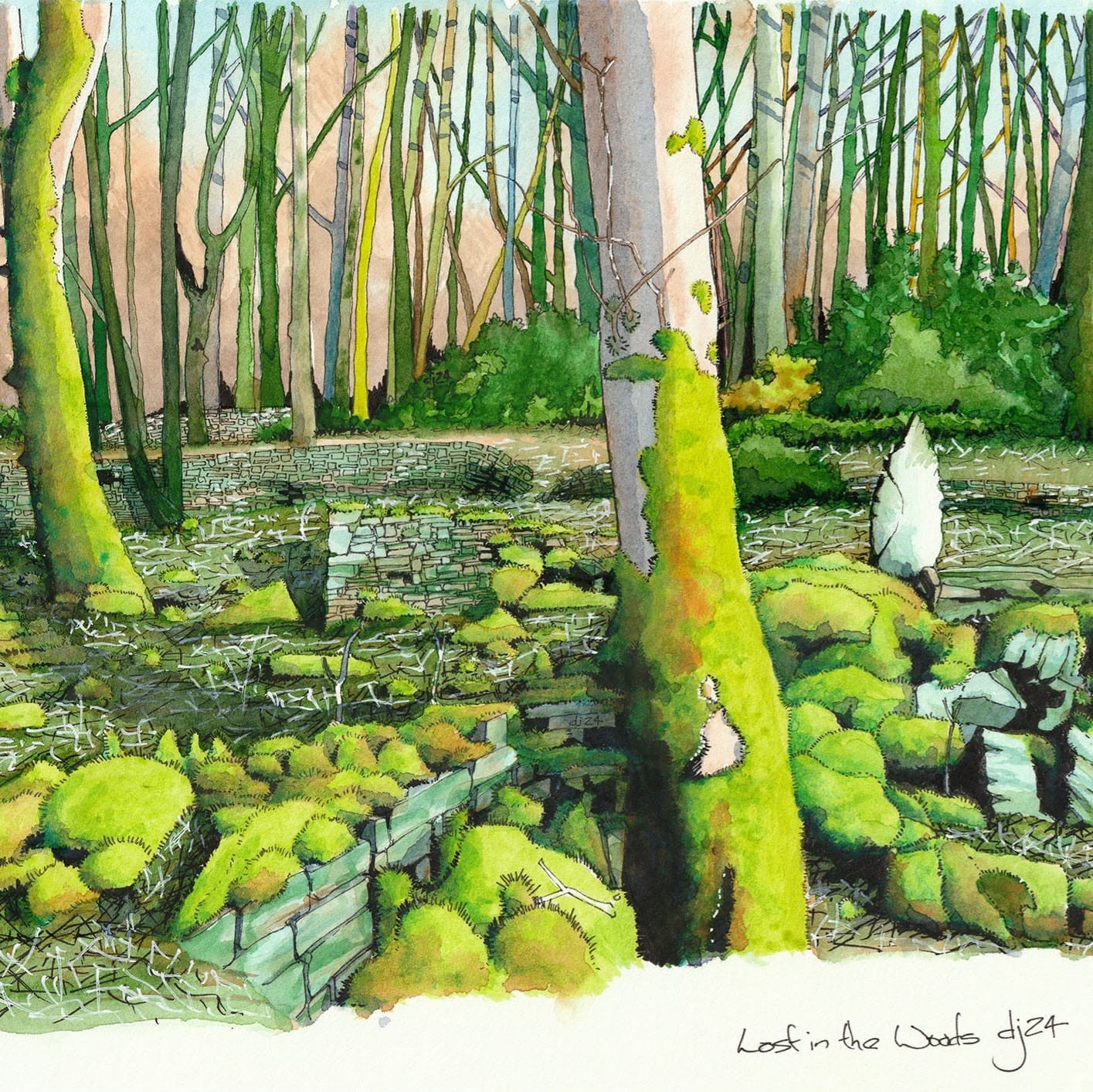 "LOST IN THE WOODS" A4 WATERCOLOUR FRAMED - Feather & Twigs