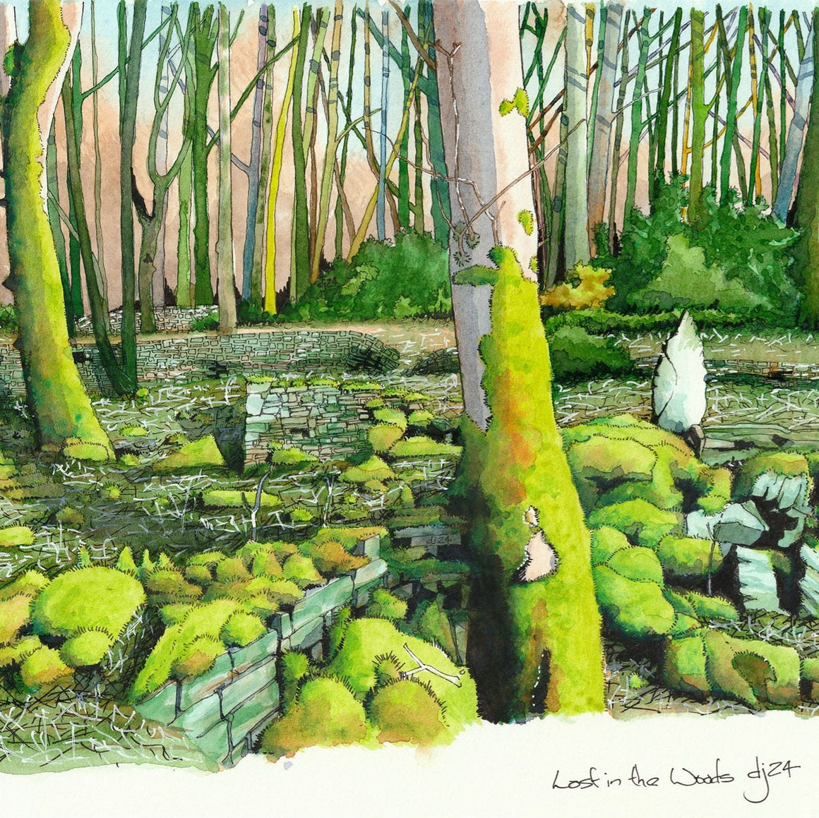 "LOST IN THE WOODS" A4 WATERCOLOUR FRAMED - Feather & Twigs