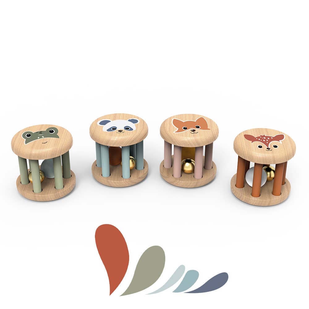 Wooden Roller rattles green blue, pink and brown