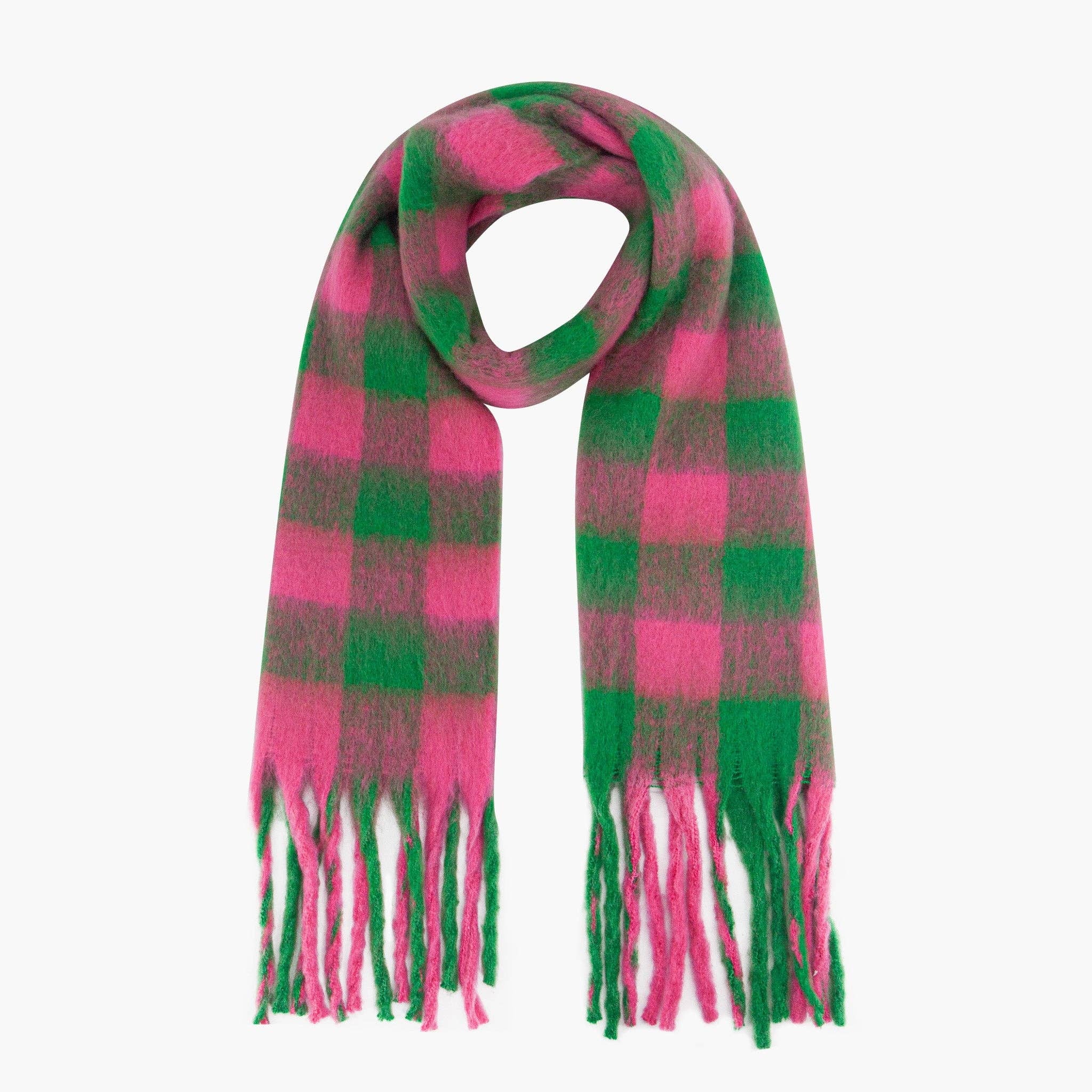 Plaid scarf with pink and green colors on a white background