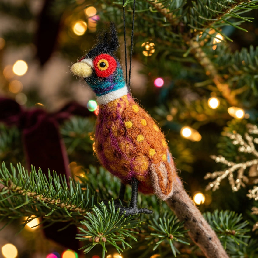 Handmade Felt Philippa the Pheasant woodland hanging decoration by Felt So Good, detailed felt bird with realistic features and vibrant colors.