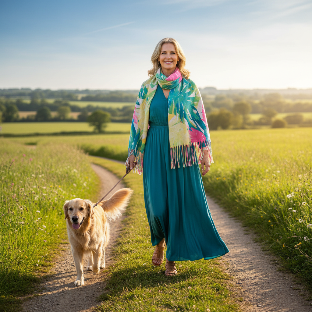 Woman in a teal dress and colorful scarf walking a dog on a path in a field.