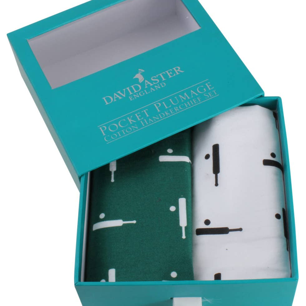 Two pocket squares in a David Aster box with a white background