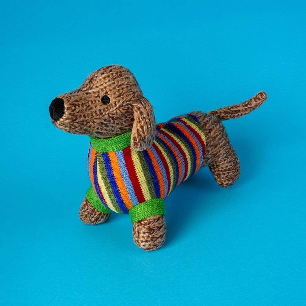 KNITTED SAUSAGE DOG SOFT TOTY TEDDY WITH STRIPE JUMPER