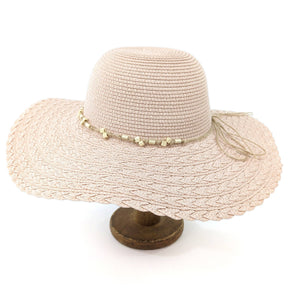 FOLDING WIDE BRIM TRAVEL SUN HAT - PINK BEADED BAND - Up to 57cm