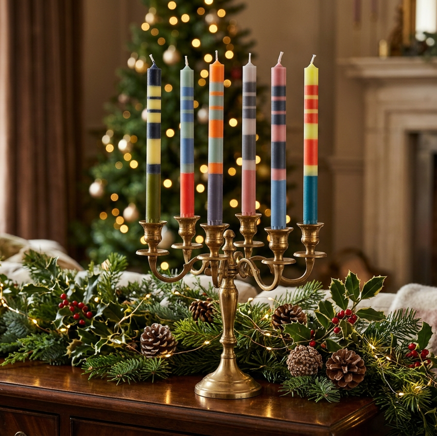 British Colour Standard orange, blue and yellow striped candles, available as singles or pack of 6