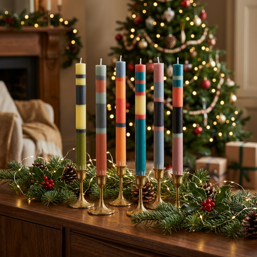 British Colour Standard mixed colour wide striped set of 6 eco dinner candles in assorted colours