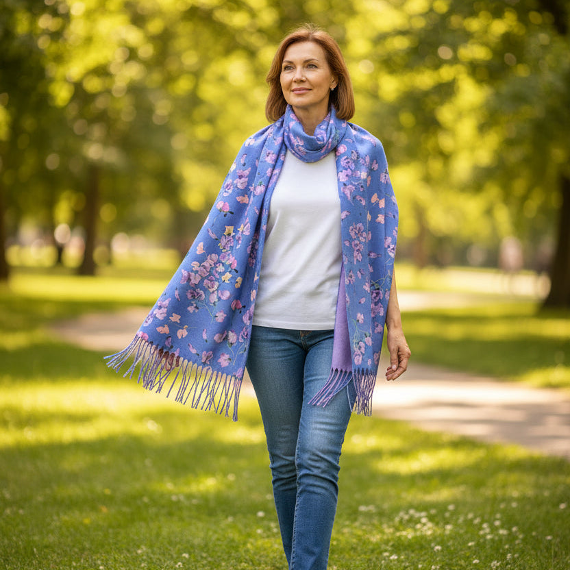 Sweet Pea Pashmina Style Scarf - Indigo (70x180cm) - Exclusive Design - Feather & Twigs