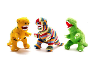 KNITTED STRIPE T REX DINOSAUR BABY RATTLE