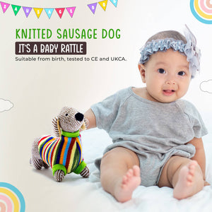 KNITTED SAUSAGE DOG BABY RATTLE -14cm