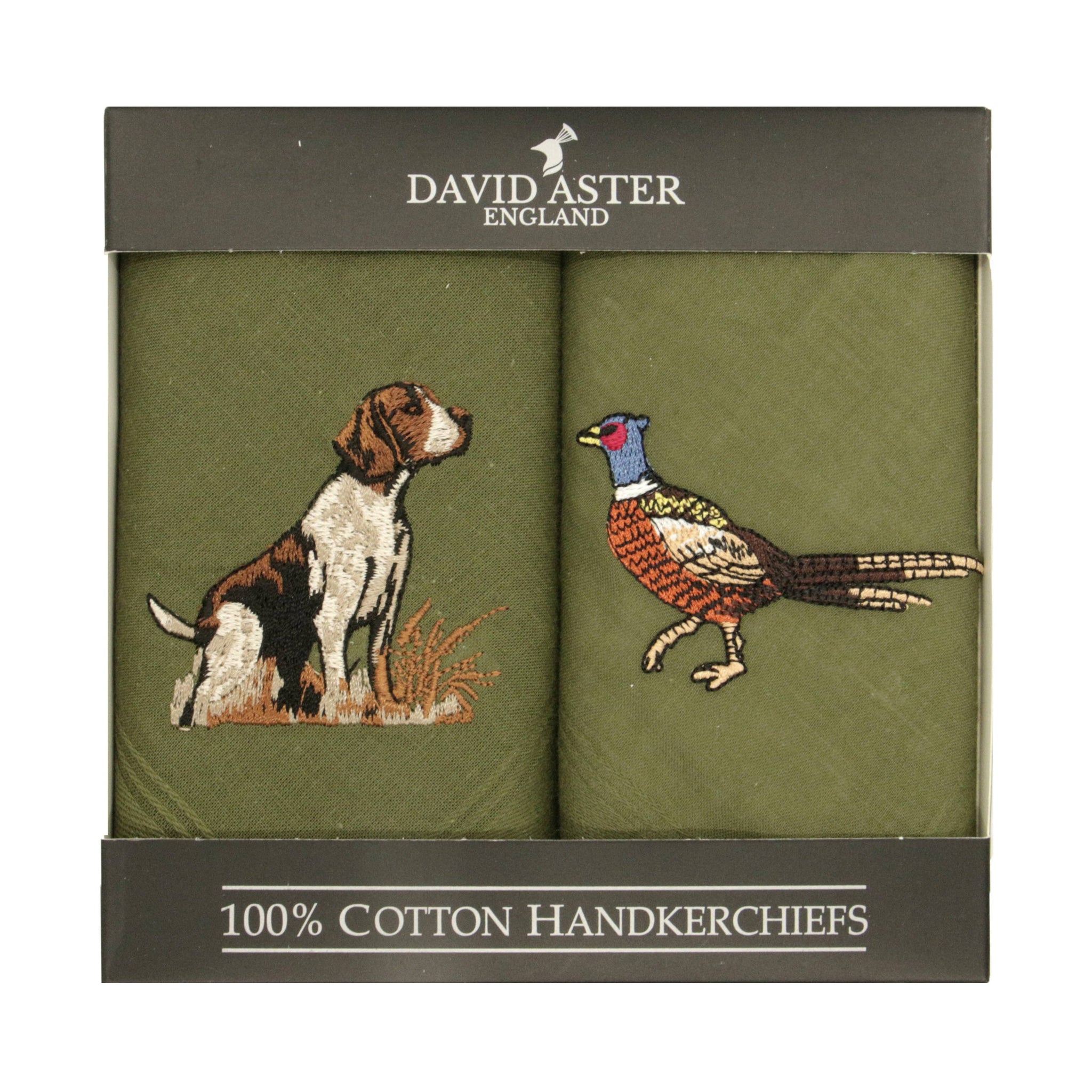 Two green handkerchiefs with embroidered dog and pheasant designs in a David Aster England packaging.