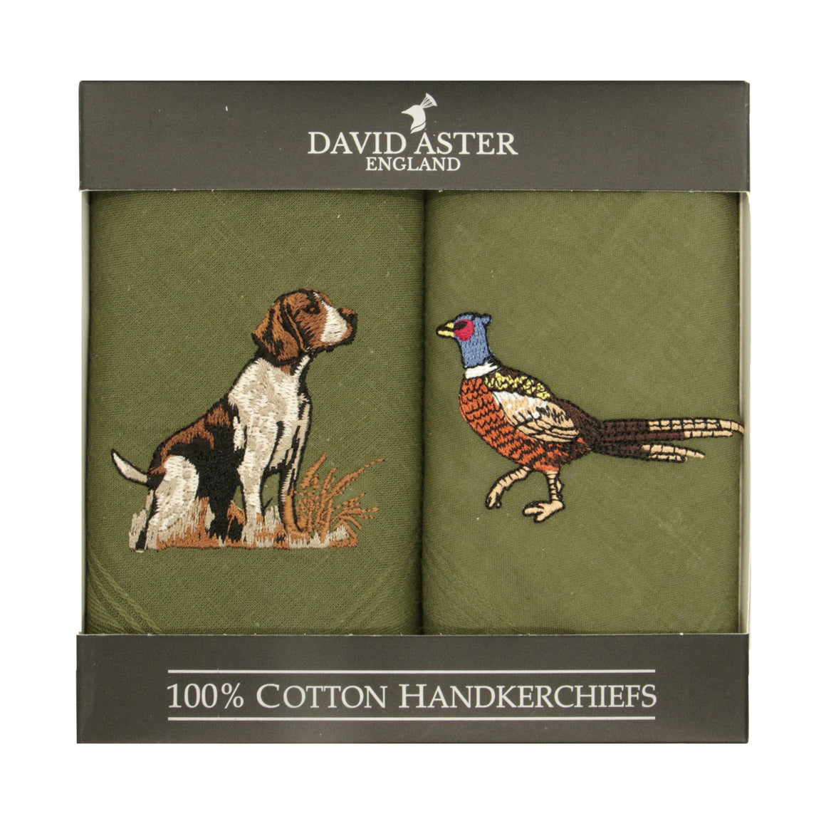 Two green handkerchiefs with embroidered dog and pheasant designs in a David Aster England packaging.