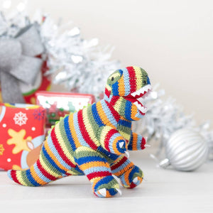 KNITTED STRIPE T REX DINOSAUR BABY RATTLE