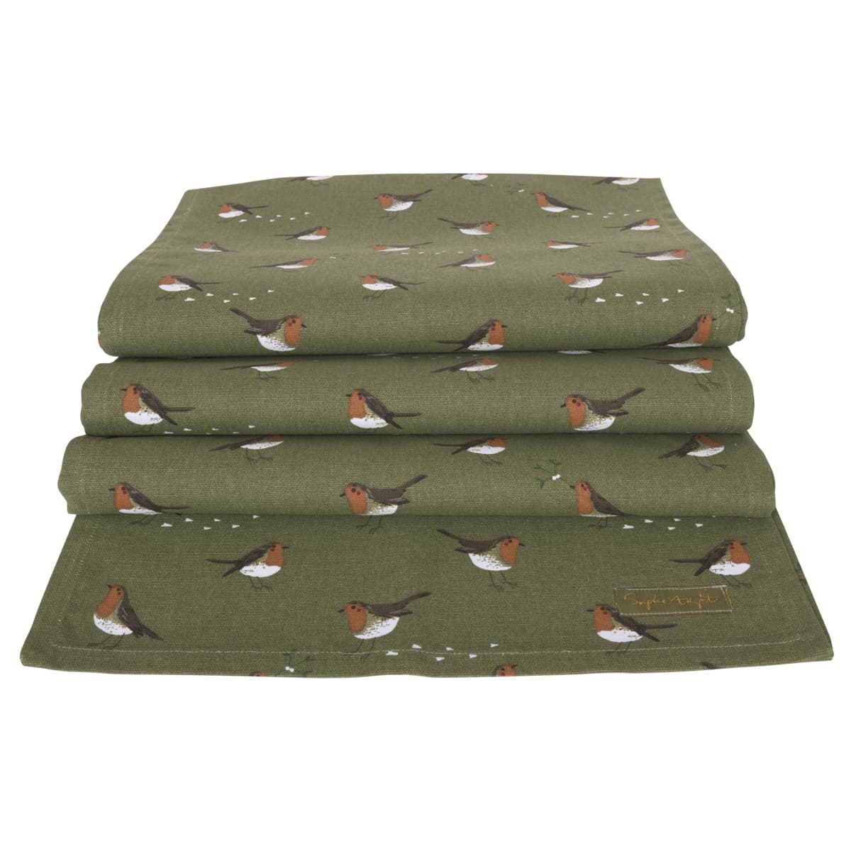 CHRISTMAS ROBIN TABLE RUNNER IN COTTON OLIVE GREEN
