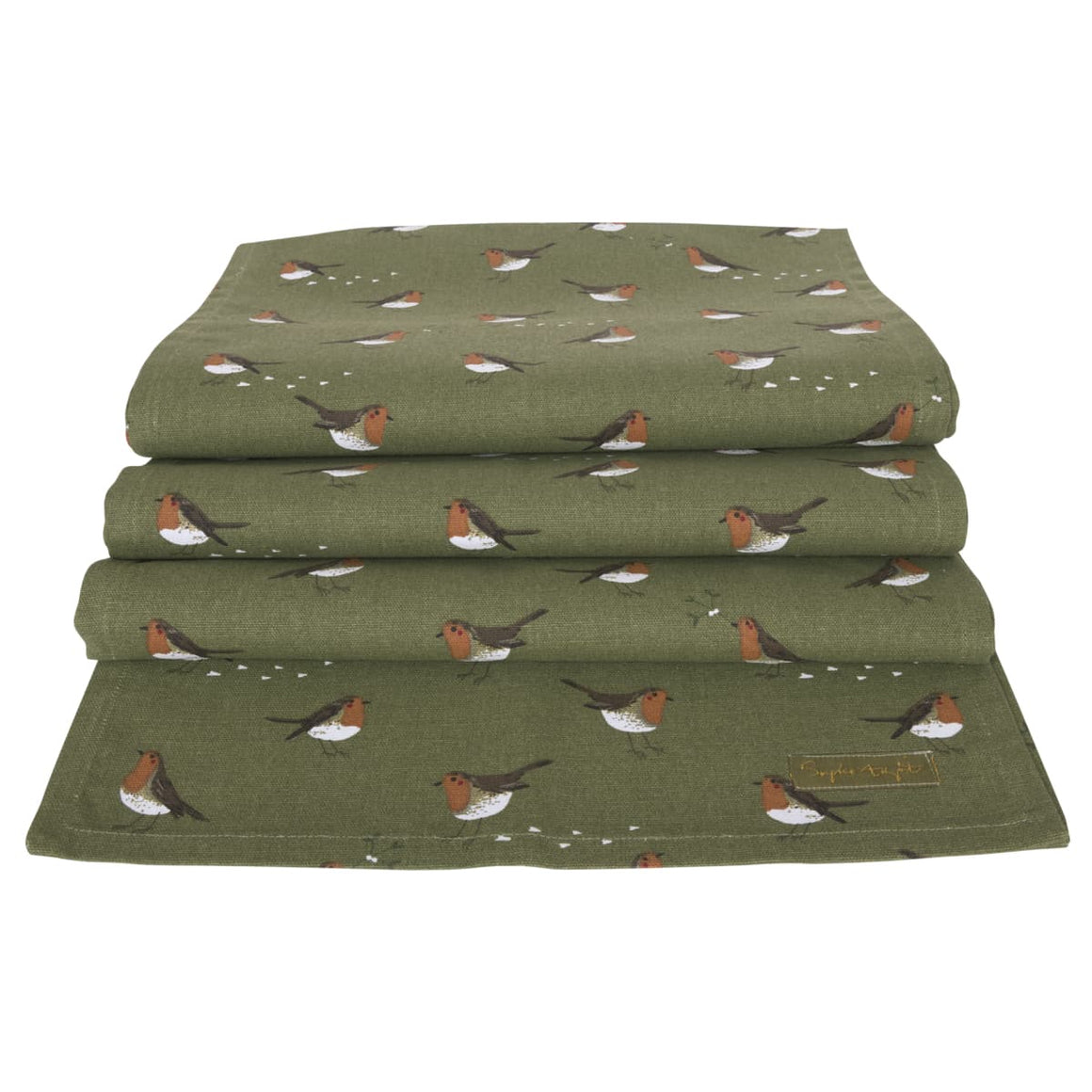 CHRISTMAS ROBIN TABLE RUNNER IN COTTON OLIVE GREEN