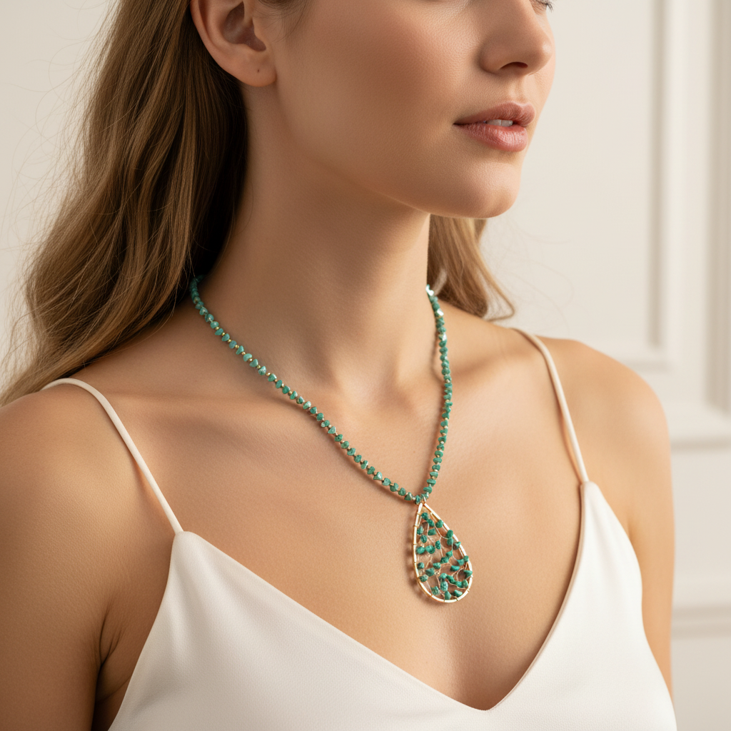 Black Ginger tear drop crystal necklace featuring turquoise stones, elegant jewelry with a striking teardrop pendant.