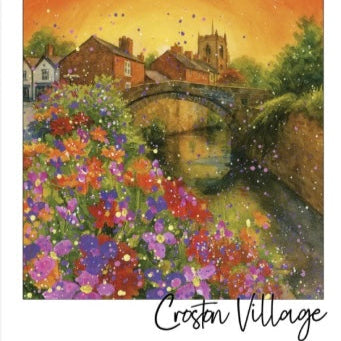 Painting of a village scene with flowers and a bridge, labeled 'Creston Village'.