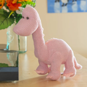 KNITTED ORGANIC COTTON PINK DIPLODOCUS DINOSAUR RATTLE