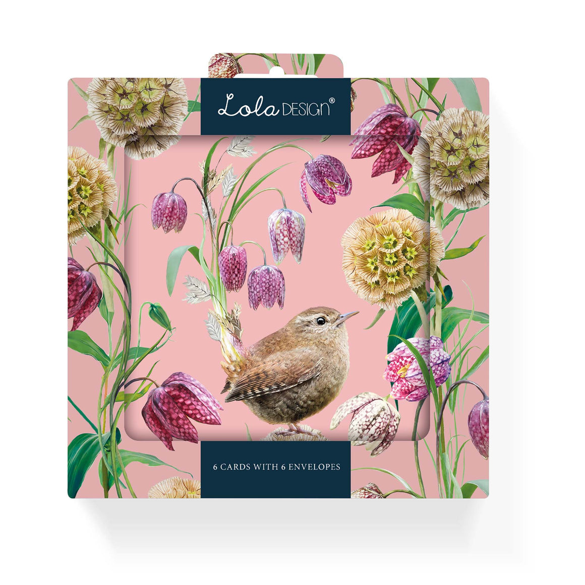 Card set with floral design and wren illustration on a pink background, featuring Lola Design branding.