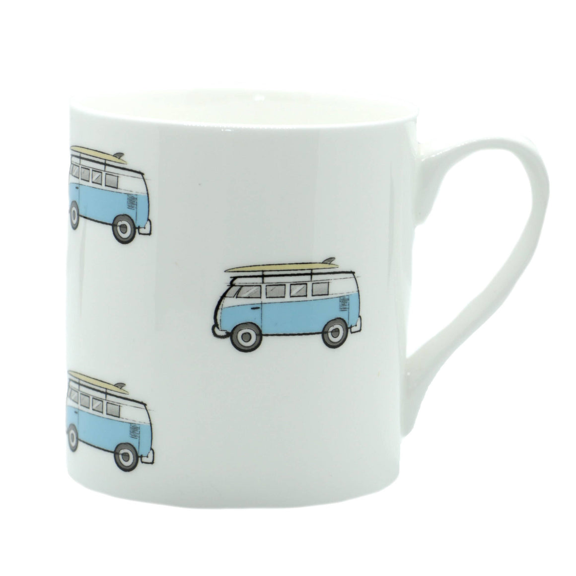 White mug with blue camper van design on a white background