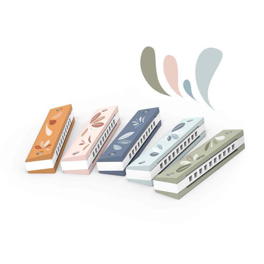 Set of five colorful harmonicas with decorative designs on a white background