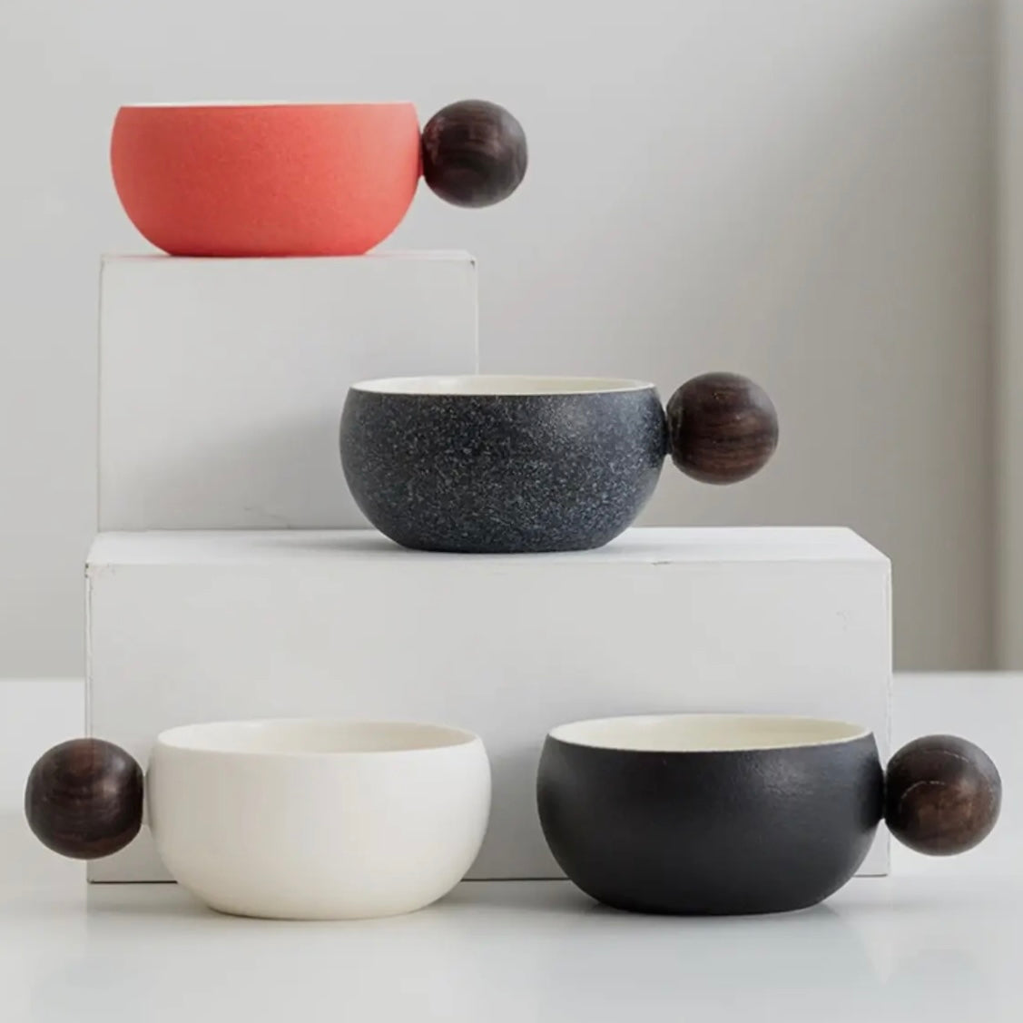 CERAMIC ESPRESSO COFFEE CUPS WITH WOODEN HANDLE -VARIOUS COLOURS - Feather & Twigs