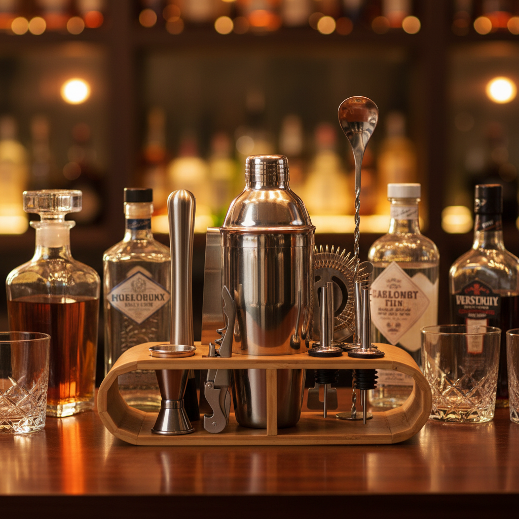 Faire Homeware cocktail set with bamboo stand, includes shaker, stirrers, and glasses for stylish home bartending.