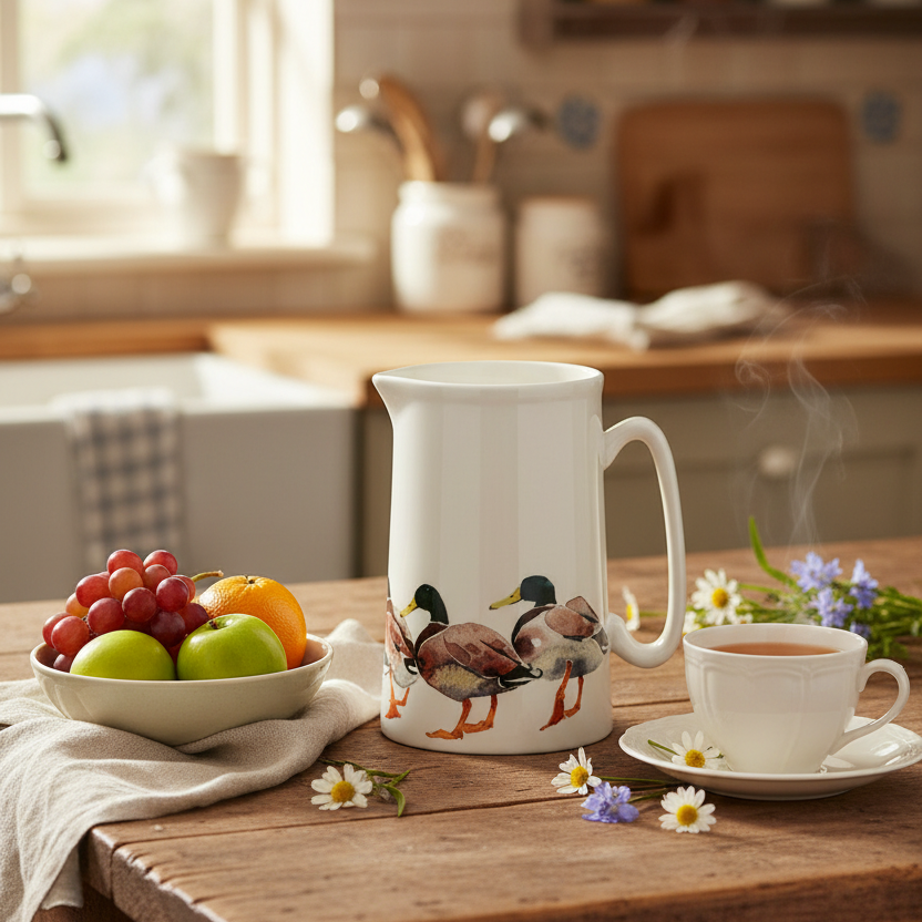 Mary Ann Rogers ceramic jug featuring a detailed mallard duck design, showcasing vibrant colors and intricate artwork.