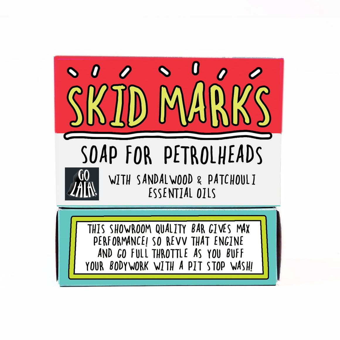 Soap bar packaging for 'Skid Marks' soap with sandalwood and patchouli essential oils on a white background.