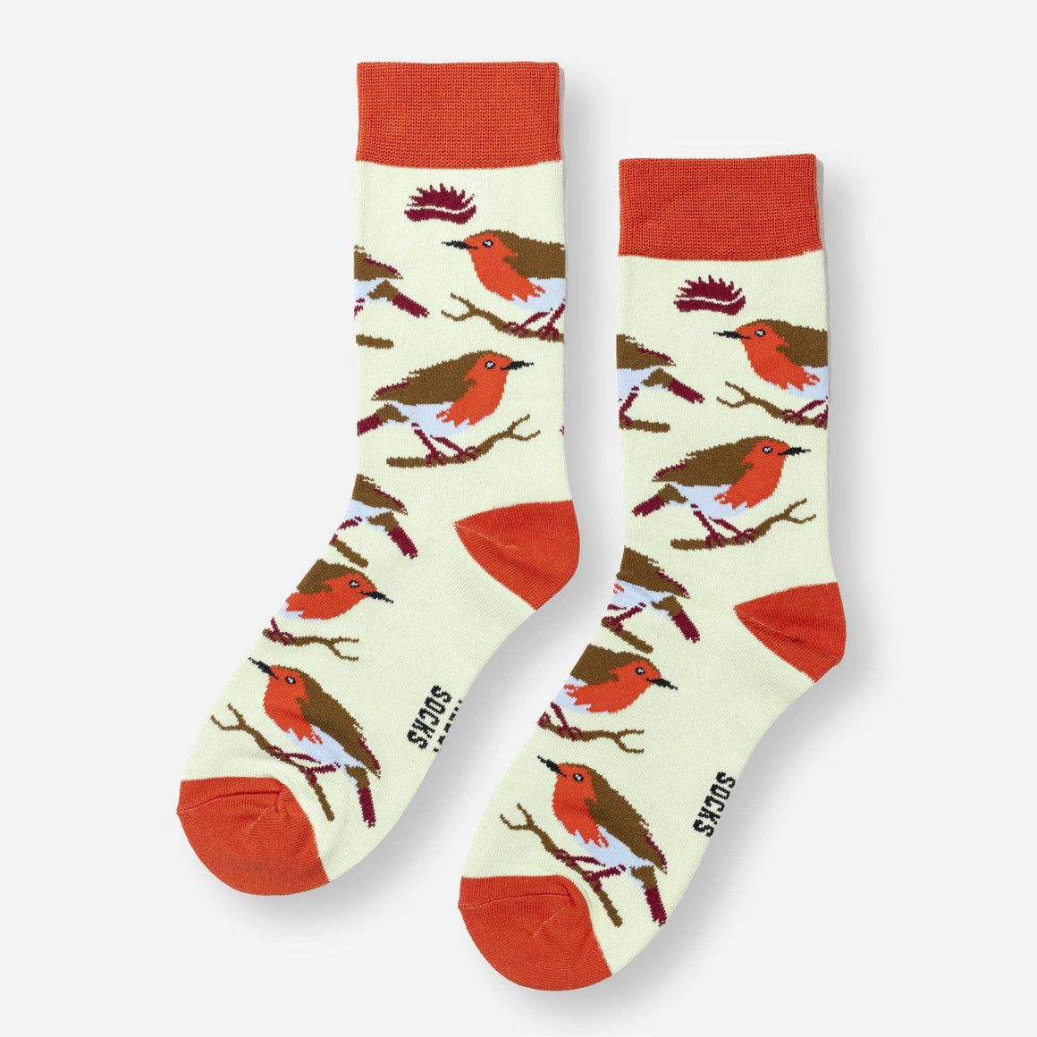 Pair of socks with bird pattern on a white background