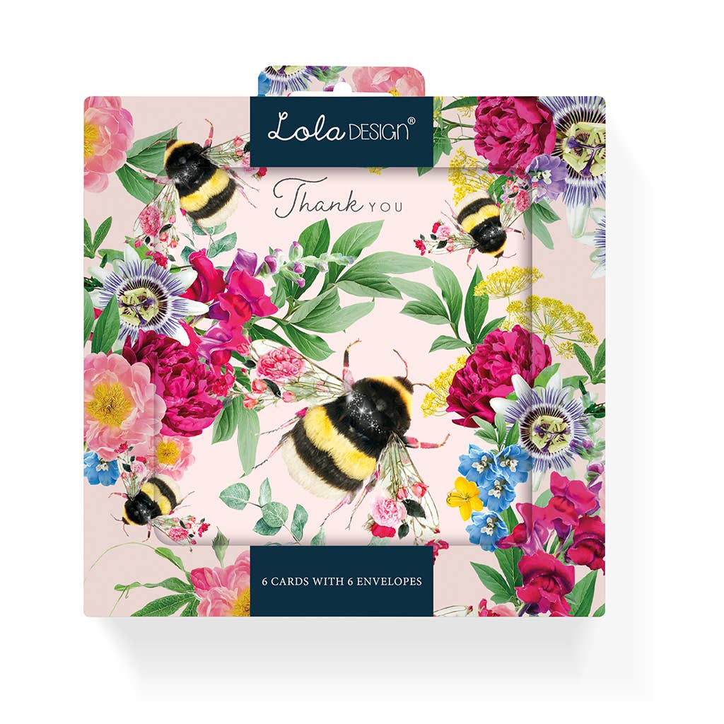 Floral card set with bees and colorful flowers, featuring Lola Design branding.