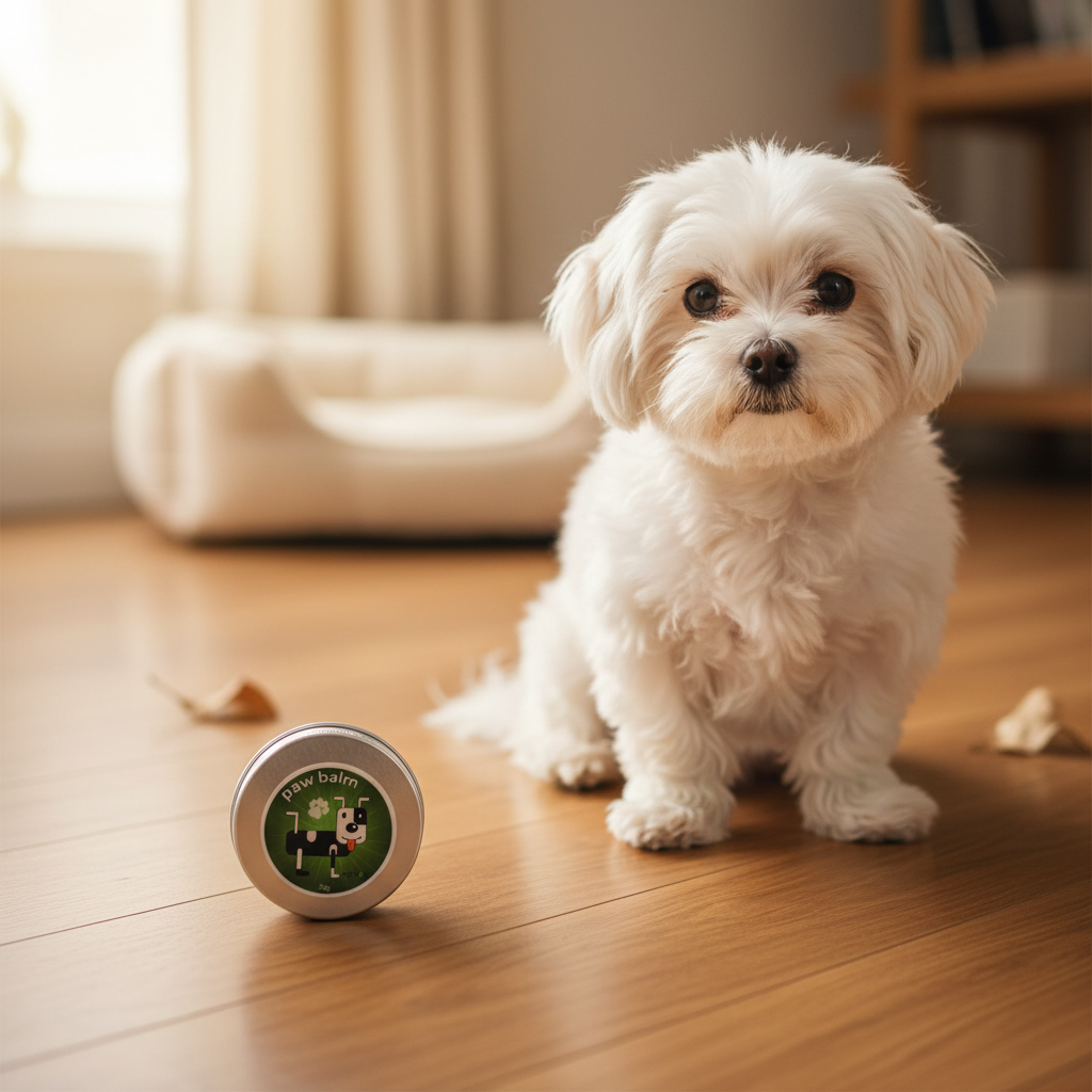 Natural Dog Paw Balm by Diet'Dog UK, a pet product, showing a container of paw balm with a focus on the label and paw print design.