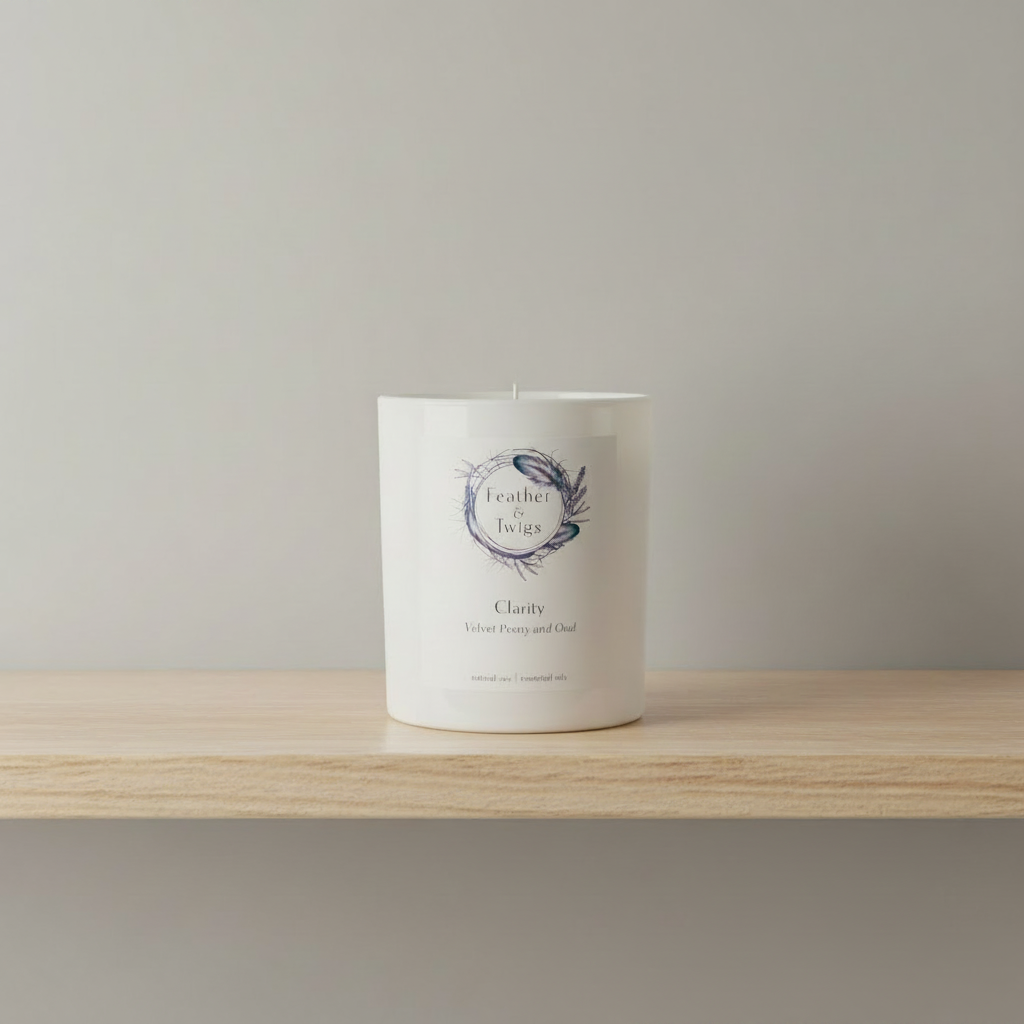 A white scented candle in a white glass jar sits on a light wood shelf against a neutral gray wall. The label features a circular wreath design with the brand name 'Feather in Wings' and the scent name 'Clarity' with 'Oud & Sandalwood' written below.