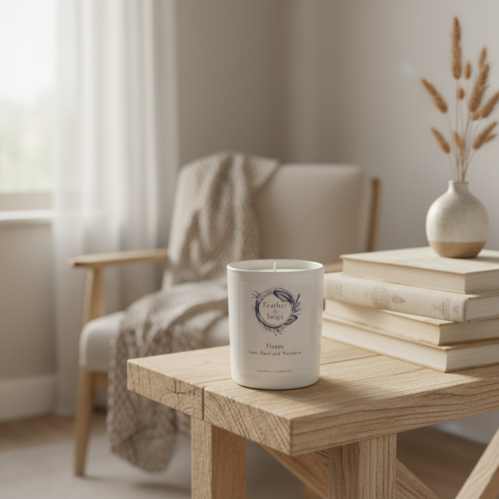 A white scented candle jar labeled 'Forest Fire' sits on a light wood table in a softly lit, cozy room with a chair, books, and a vase in the background.