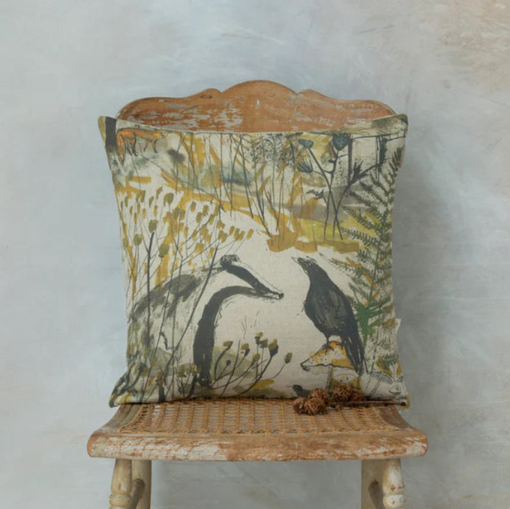 BADGER AND THE CROW LINEN CUSHION FEATHER FILLED - Feather & Twigs